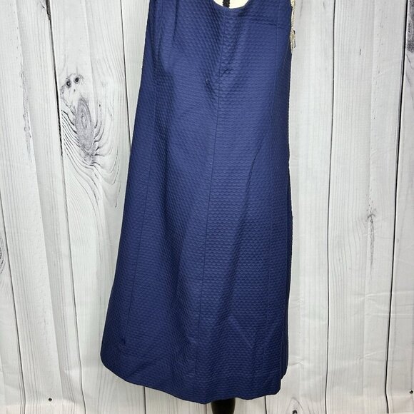 Lilly Pulitzer Suzette Shift Dress Size 12 True Navy Gold Trim Detail V-Neck - Picture 8 of 13